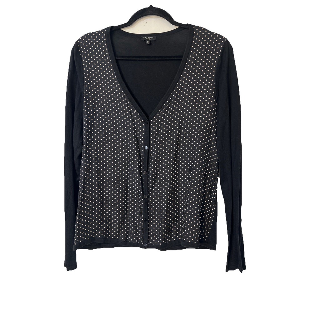 Talbots Button Up Sweater Cardigan‎ Sz M Silk Cotton Black Lightweight Polka